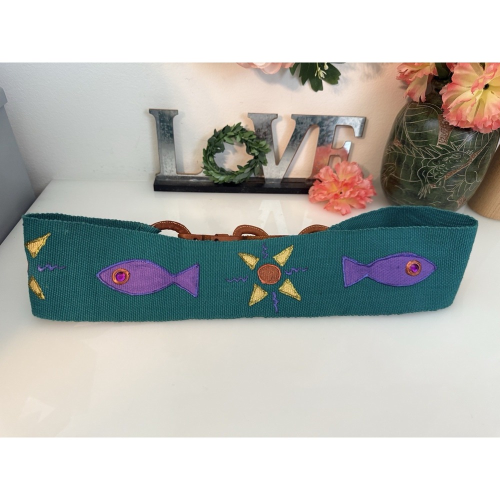 80s Hand Painted 3"‎ Waist Belt Teal Fish Multi Handmade Leather Buckle M/L 30" - Picture 11 of 16